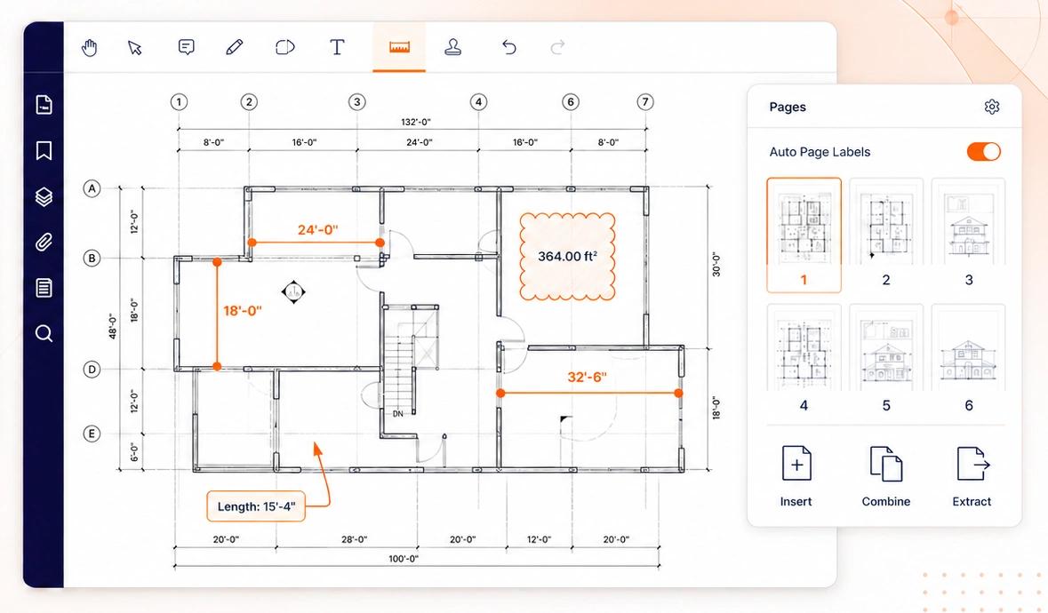 A construction drawing set open in Foxit PDF Editor with measurement tools active