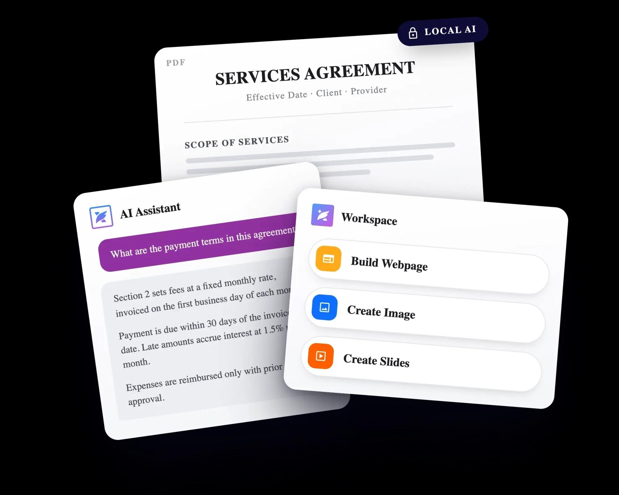 Foxit PDF Editor showing a services agreement with the AI Assistant and Workspace panels