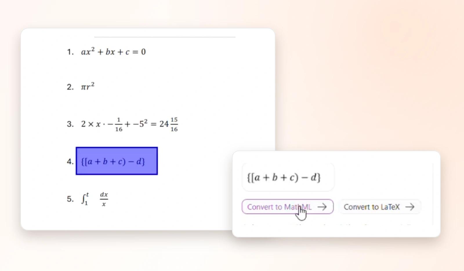 Foxit PDF Editor converting a tagged formula in a PDF into MathML markup