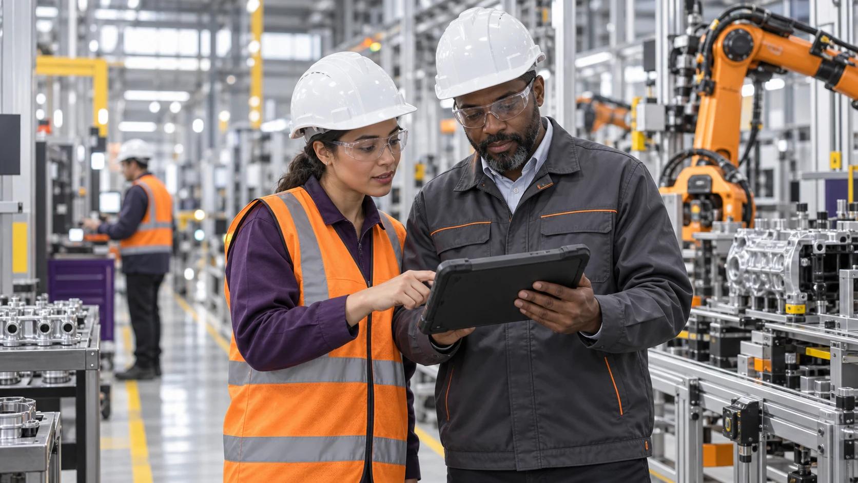Productiemedewerkers bekijken digitale werkinstructies in de fabriekshal