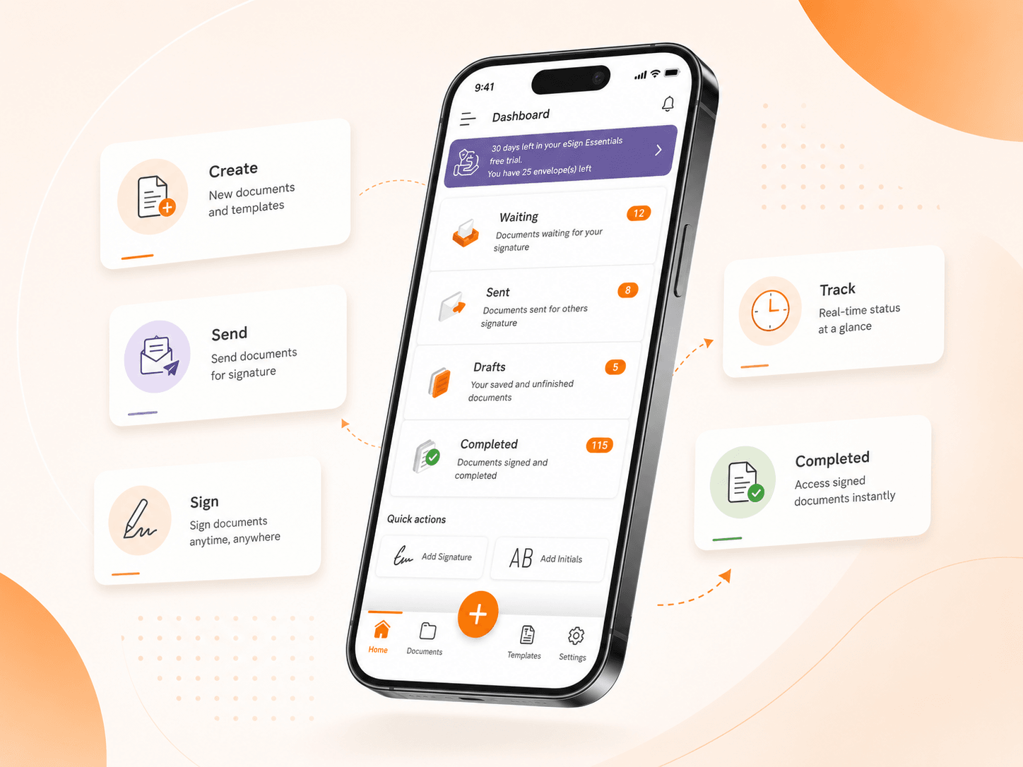 Foxit eSign mobile app dashboard with Create, Send, Sign, Track, and Completed feature callouts