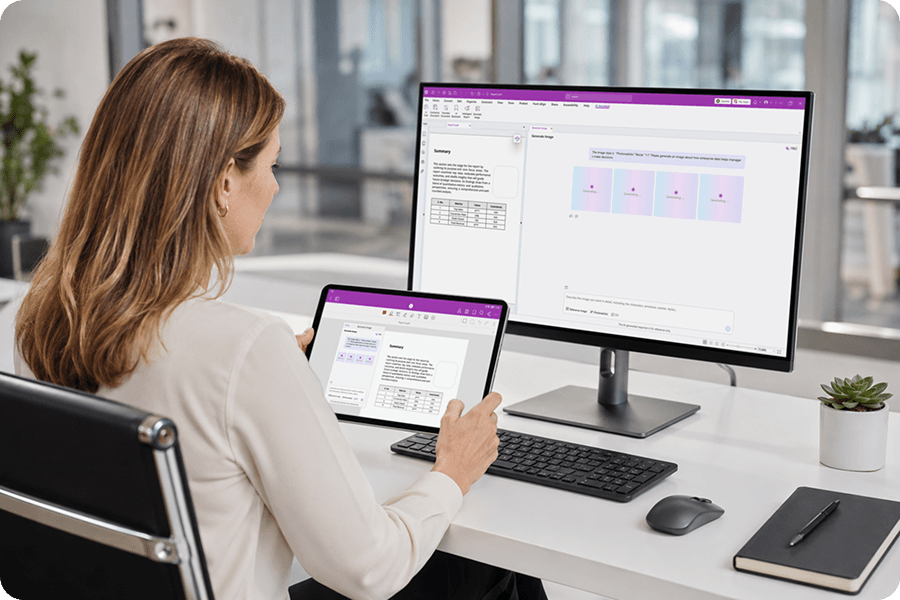 Interface multiplataforma mostrando ambientes desktop, nuvem e mobile