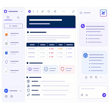 Workspace interface showing document files, project views, and AI chat panels