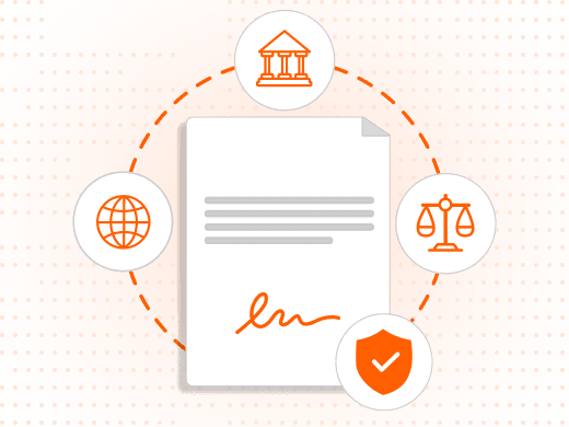 Legal framework icons representing ESIGN Act, UETA, and eIDAS