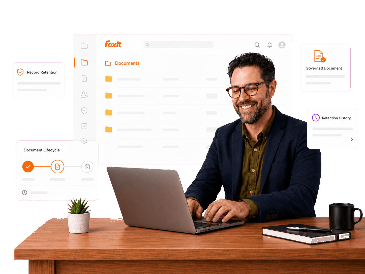 Foxit DMS records retention dashboard with lifecycle status and policy controls