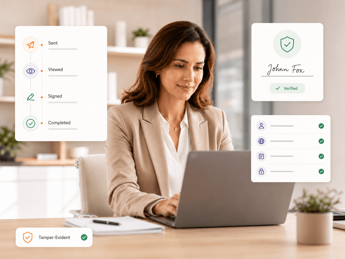 Foxit eSign Audit Trail — tamper-evident document record with timeline, shield, and certificate