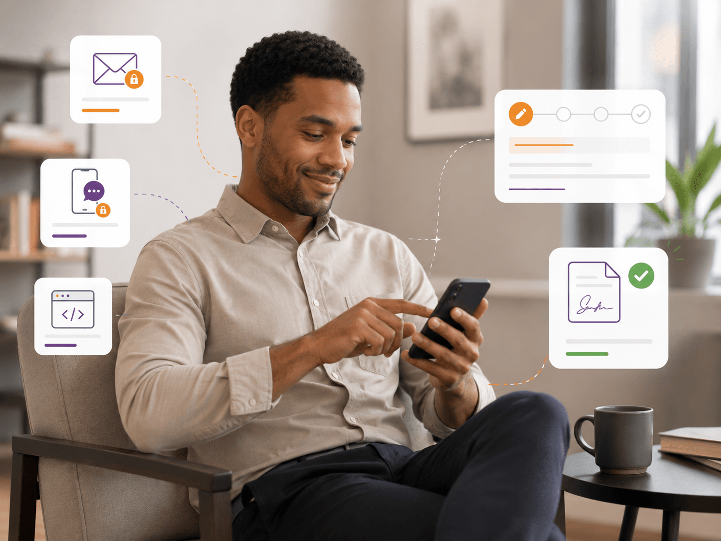 Foxit eSign recipient completing an online agreement on a smartphone with secure email and SMS signing links