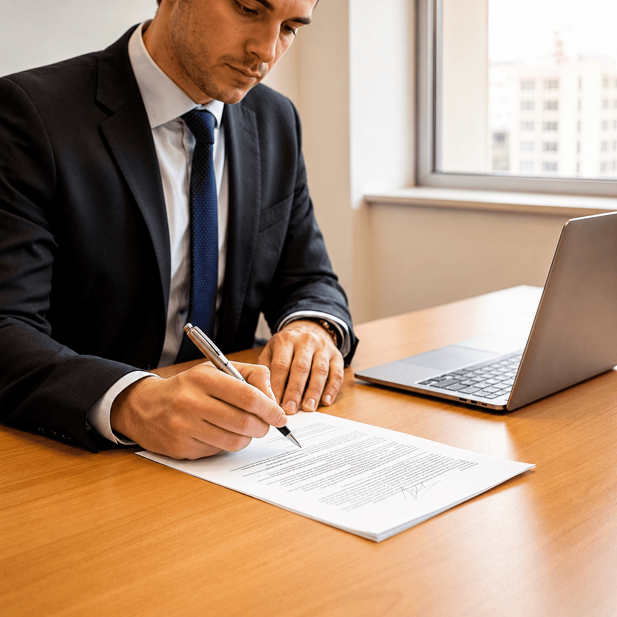 Profesional firmando un documento impreso en un escritorio con un portátil