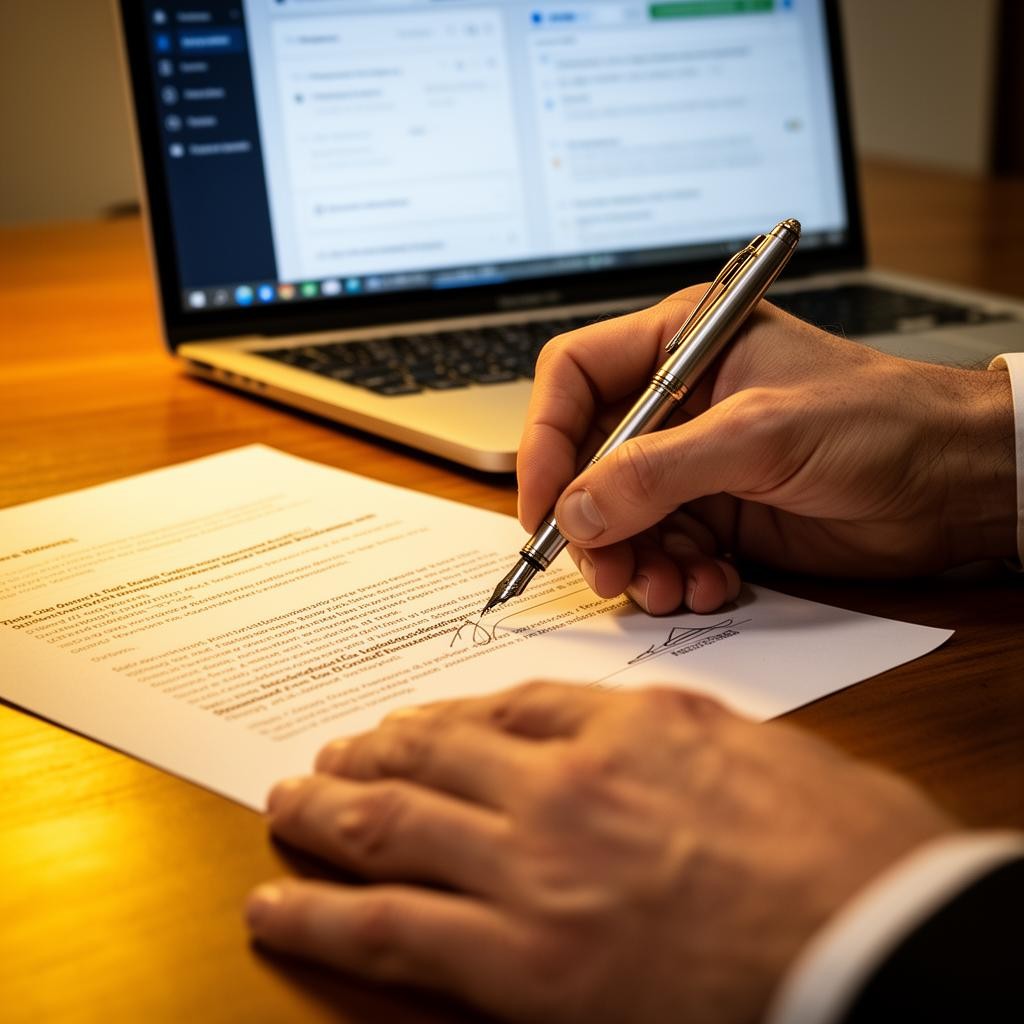 Persona firmando un documento impreso con un flujo digital en una tableta