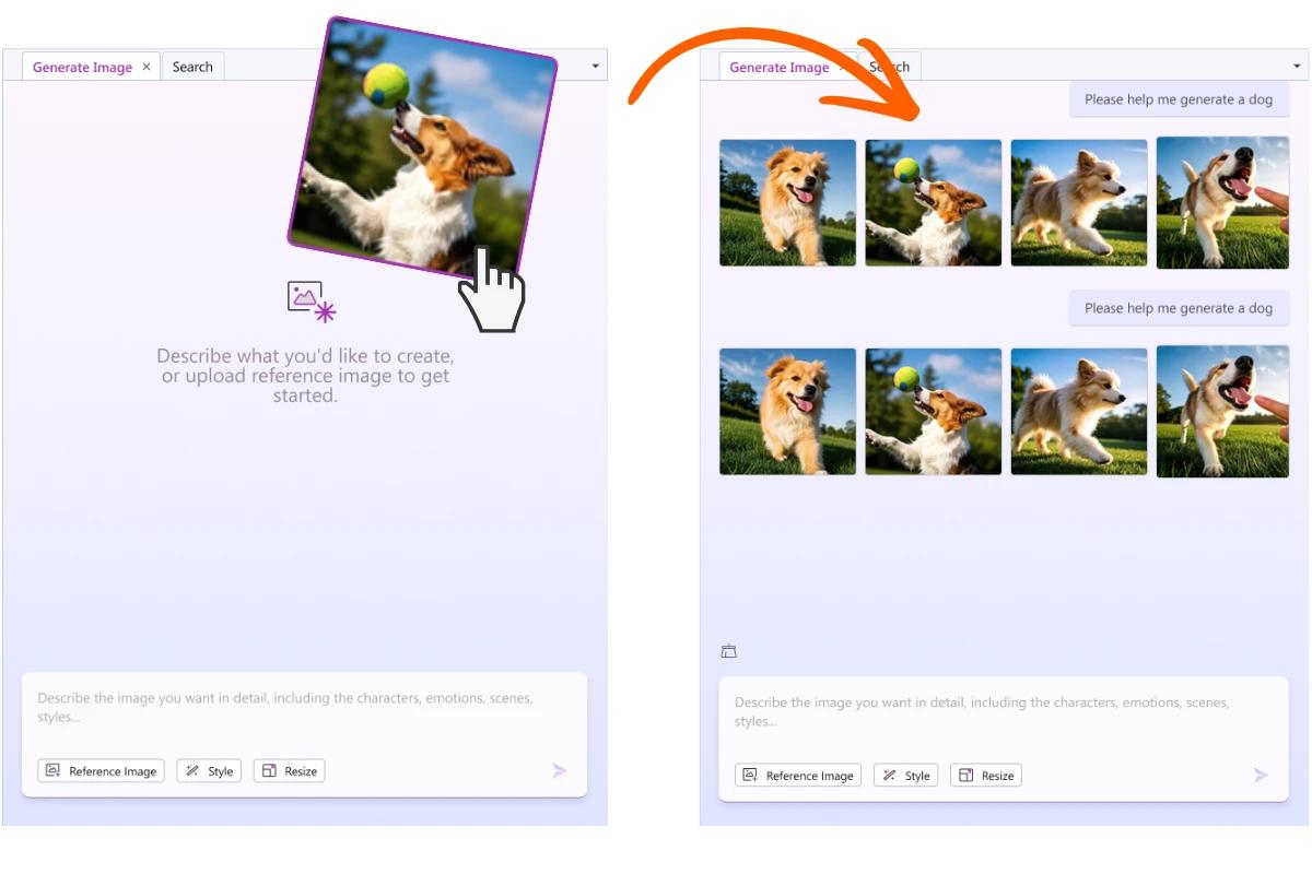 Reference image upload interface showing brand-consistent visual output