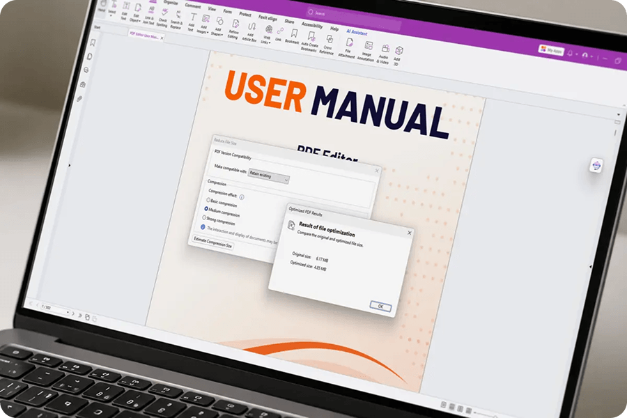 Interface voor bestandsoptimalisatie met compressieopties en groottevermindering