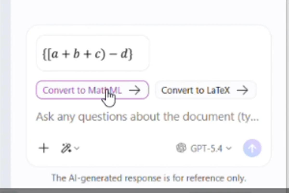 AI Assistant showing the MathML and LaTeX output options for the selected formula