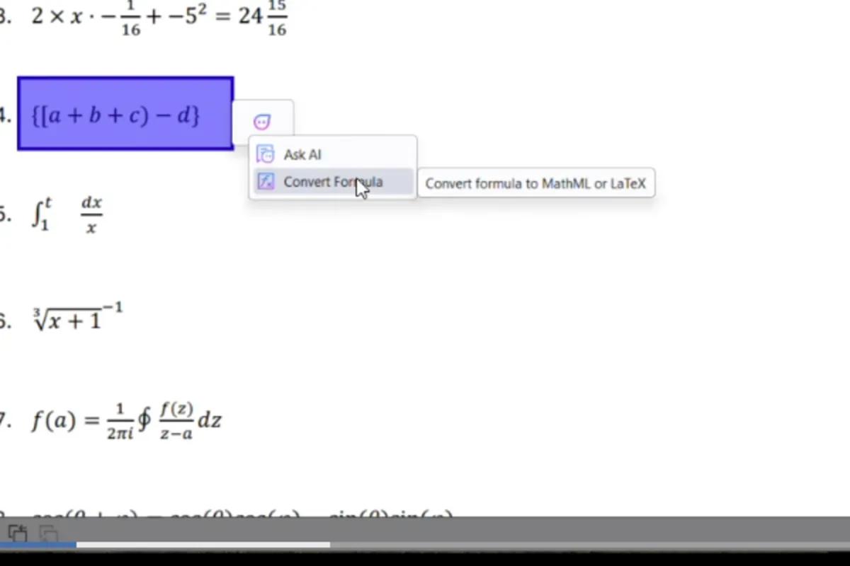 Formula selected on the page with the Convert Formula action visible in the AI Assistant menu