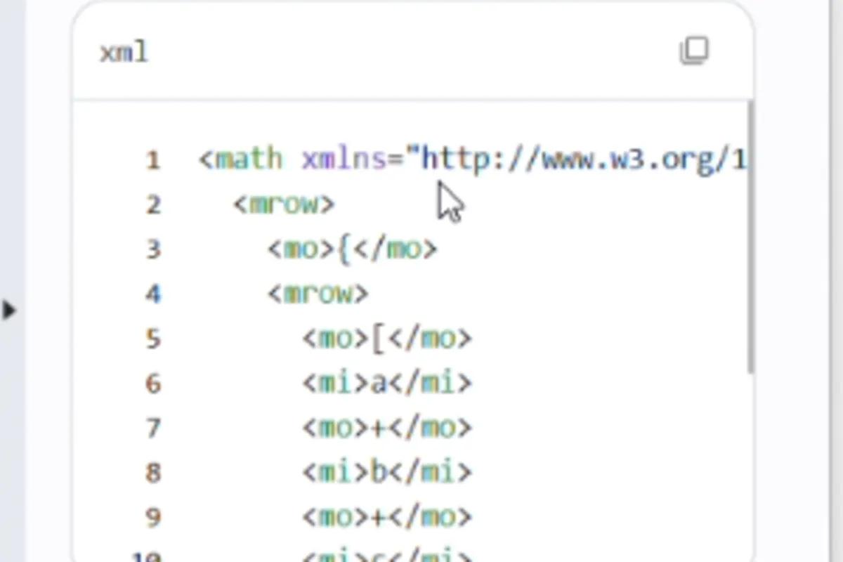 Generated MathML in the review and editing interface, ready to copy or apply