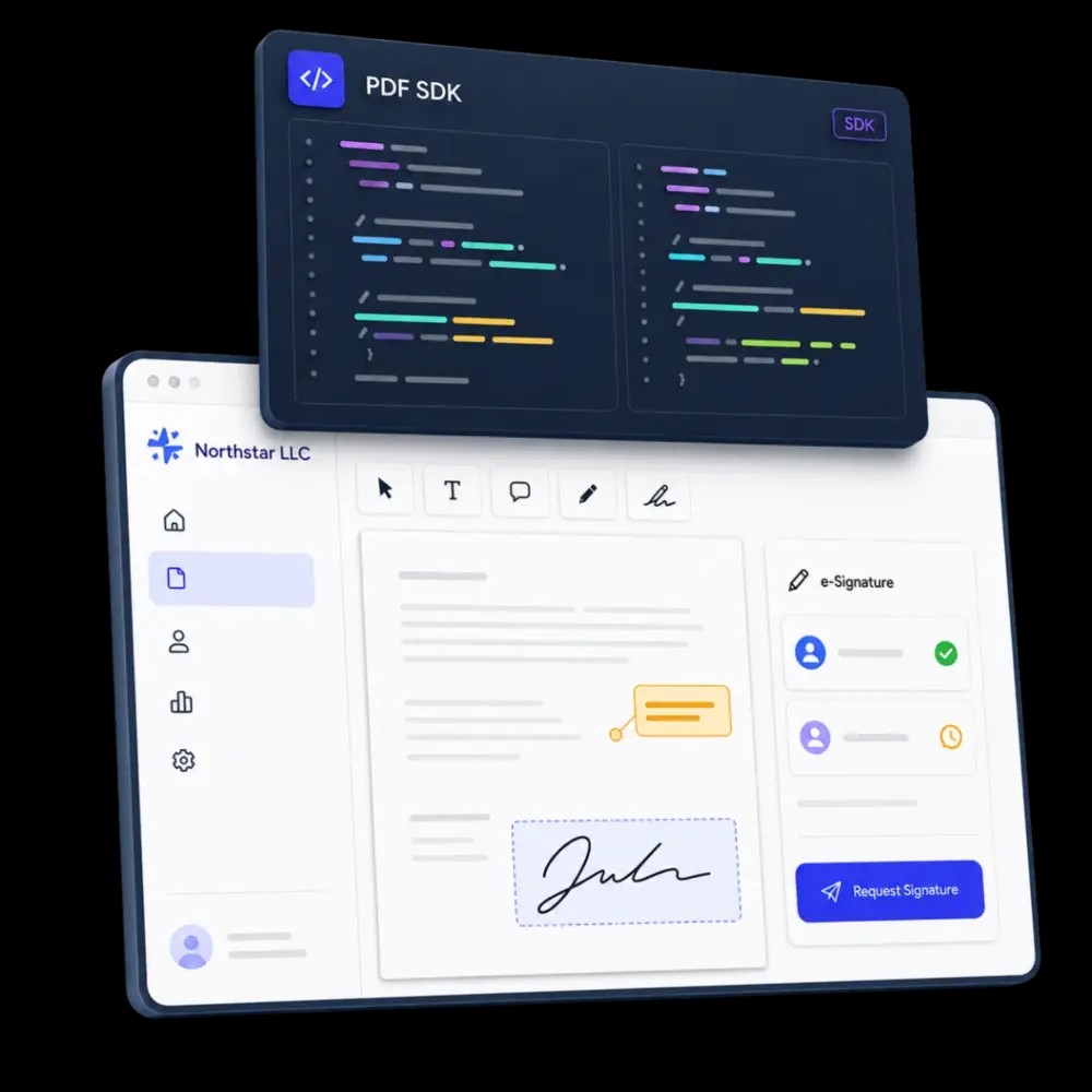 Illustration of code and PDF document features powered by Foxit PDF SDK