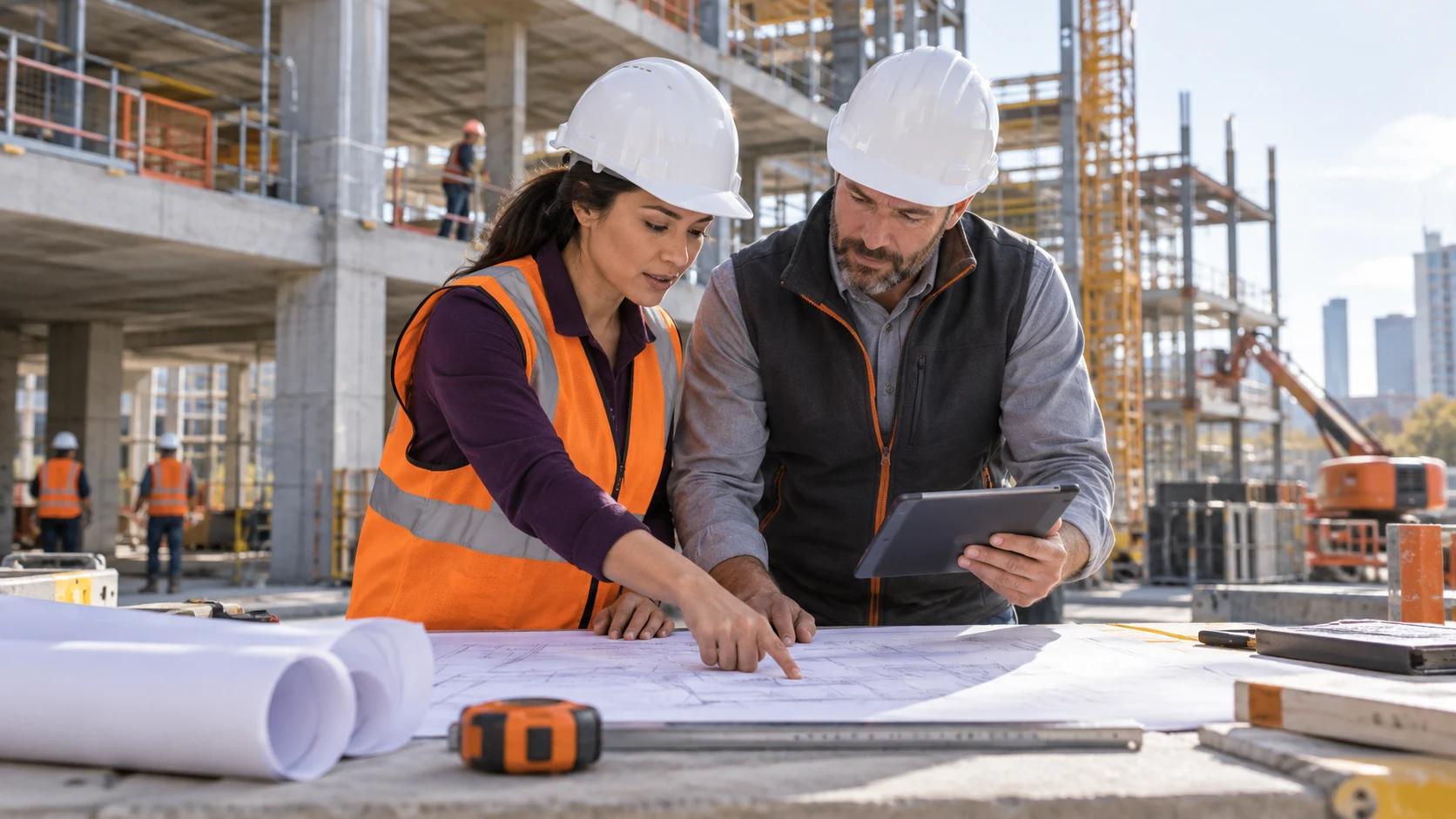 Architects reviewing construction drawings and measurements on site