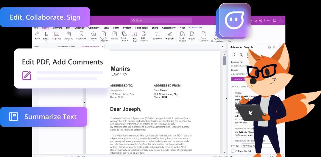Foxit PDF Editor interface with document editing and AI tools