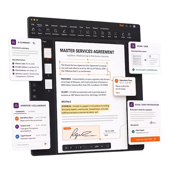 Foxit PDF Editor dark mode interface showing AI summary, annotation, OCR, and eSign features