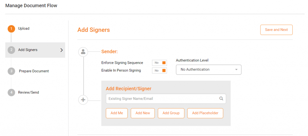 Manage document flow - Add signers screen 	