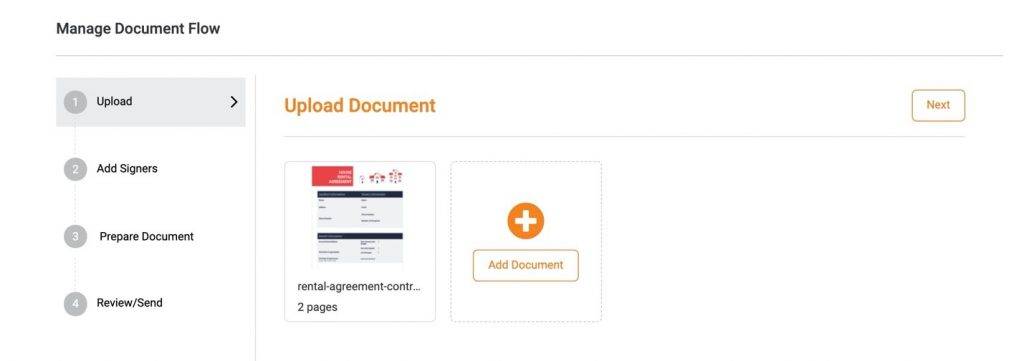 Manage document flow - Upload document screen