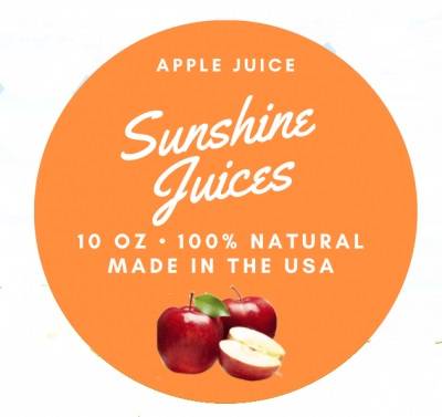 Sunshine Juices apple juice label